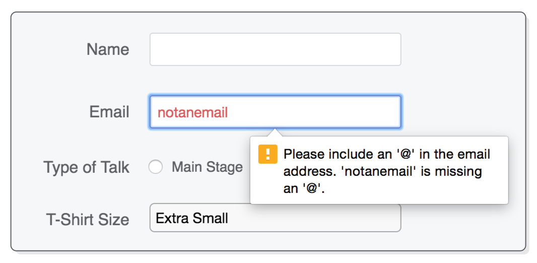 Screenshot showing invalid input error message for email field