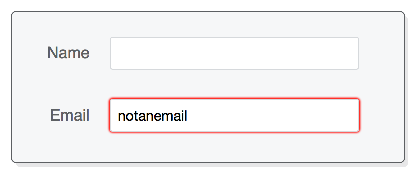 Web page showing invalid email field value highlighted with red border