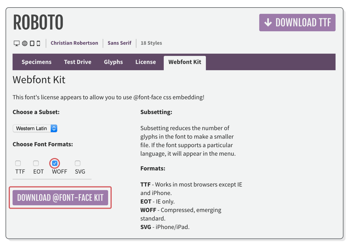 Screenshot: downloading the Roboto font family from Font Squirrel